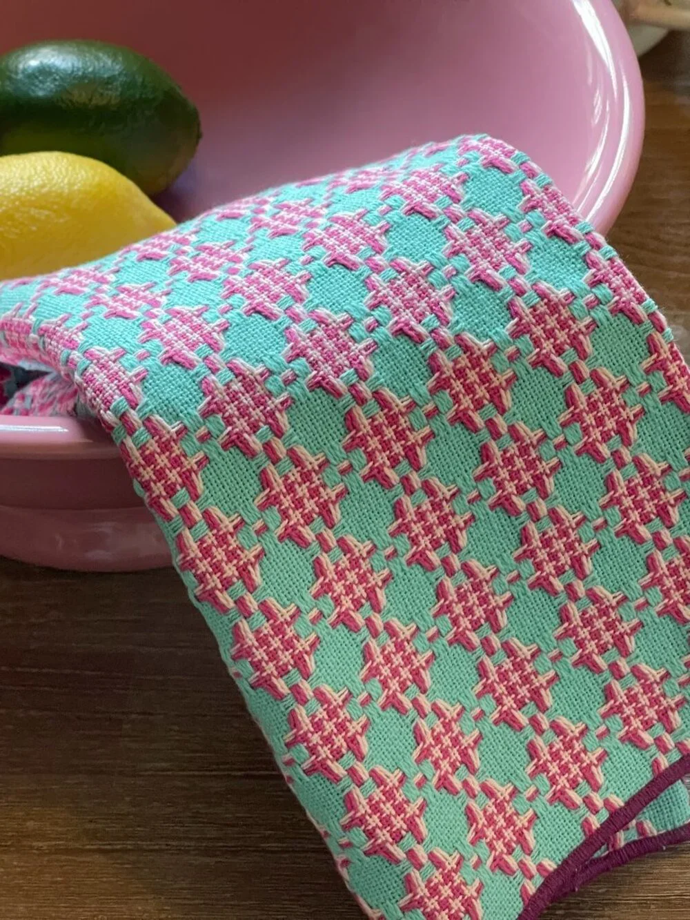 Anthropologie Aqua Pink Woven Geo Kitchen Towel -NEW - Theme: Textile Candy